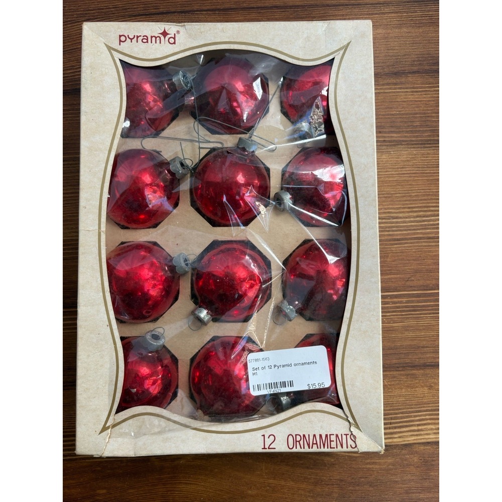 Vintage Pyramid Red Glass Christmas Ornaments‎ Set of 12 Faceted